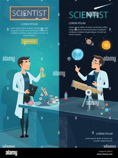 Scientific Vertical Banners With Scientist In Laboratory And Astronomer