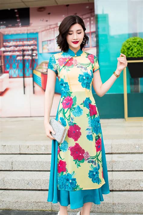 2019 Summer Print Floral Ao Dai Vietnamese Women Dress In Asia