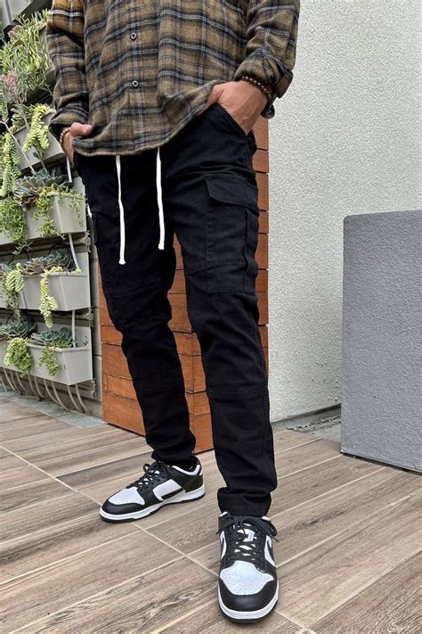 Black Cargo Pants Outfits For Men Flap Pocket Side Trousers