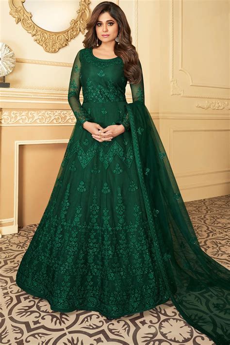 Buy Bottle Green Embroidered Anarkali Suit With Net Dupatta Online Like A Diva