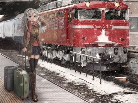 3215x2296 Locomotive Train Girl Anime Train Station Night
