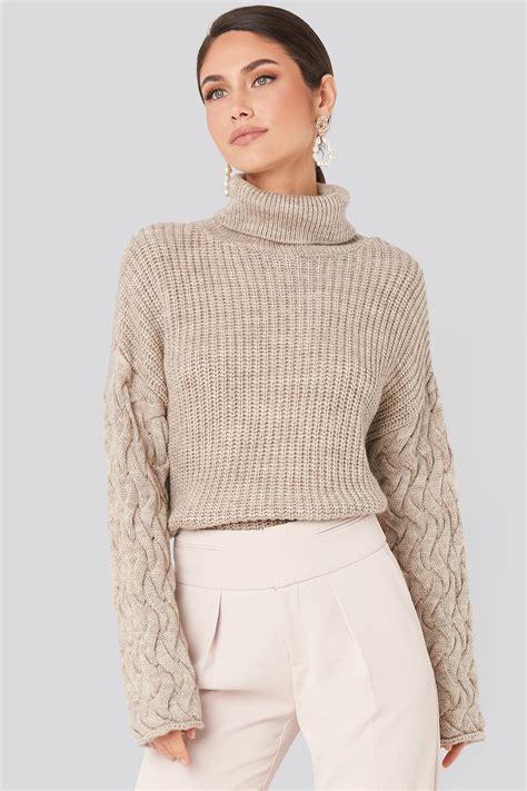 Cable Sleeve High Neck Sweater Beige Na