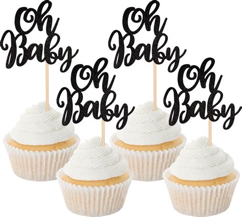 24 Pcs Oh Baby Cupcake Toppers Glitter Gender Reveal Oh