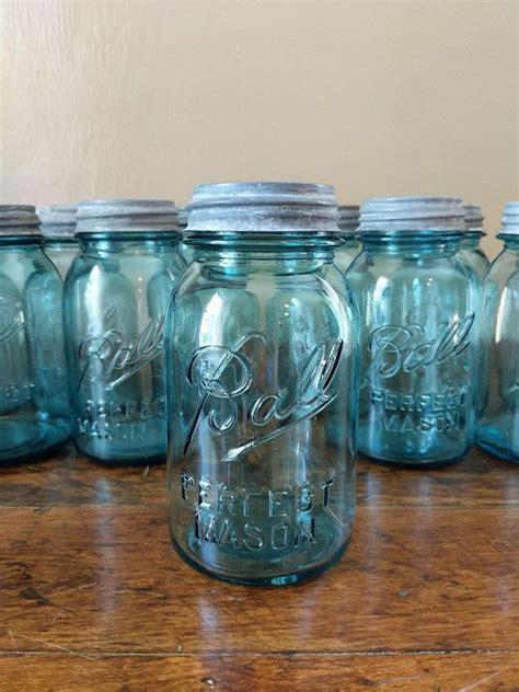 Antique Mason Jars Vintage Blue Ball Jars With Zinc Lids Etsy Ball