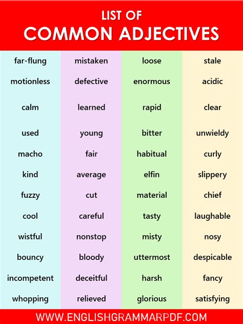 Printable List Of Adjectives