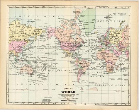 Map Of The World Showing Principal Telegraph Lines Steamship Routes