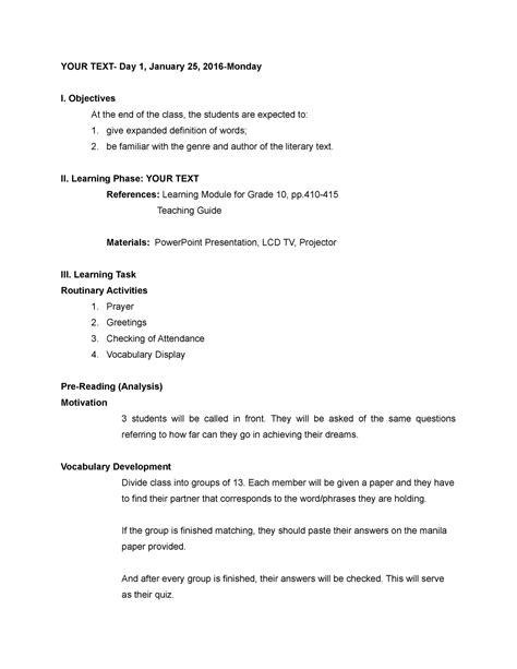 Detailed Lesson Plan In English Grade Detailed Lesson Plan For Images Hot Sex Picture