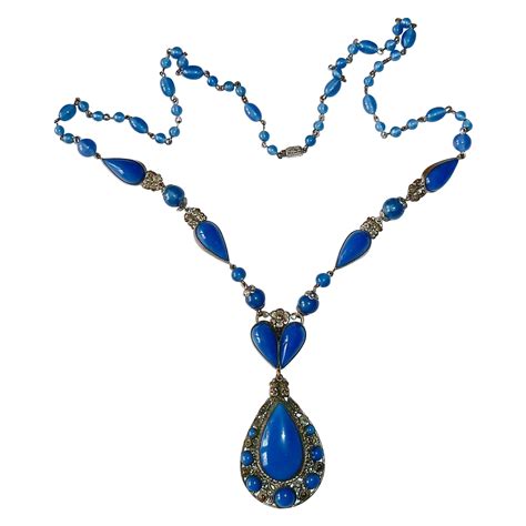 Art Deco Czech Brass And Blue Glass Pendant Necklace From Bejewelled On