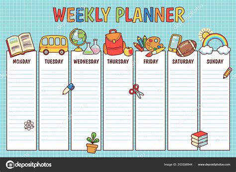 Weekly Planner Elementary School Cute Template Cartoon School Objects