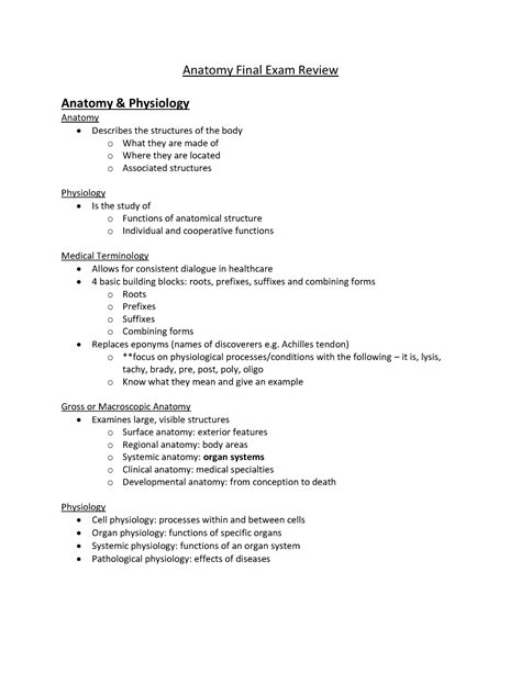 Final Exam Review 18 April 2019 Answers Anatomy Final Exam Review