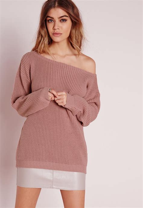 Missguided Off Shoulder Sweater Pink Knit Outfit Off Shoulder