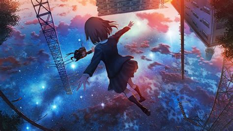 School Girls Anime Flying Night Sky Sunset 4k 6