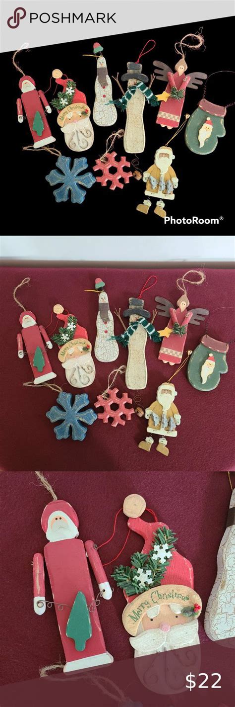 Vintage Wood Folk Art Holiday Christmas Ornaments Lot Set Of Nine