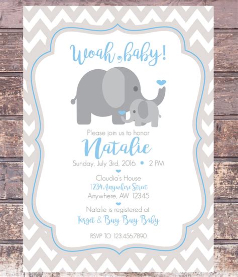 Baby Boy Shower Invitation Cute Baby Elephantblue And Gray Etsy