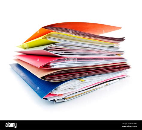 Stack Of Colorful File Folders With Papers On White Background Stock