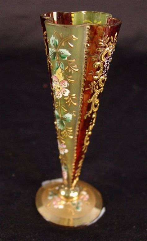 Moser Fluted Vase Red And Green 5 5in T With Applied Gold And Colored Enamel Flowers Koloman