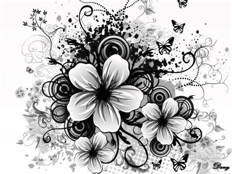 Download Black And White Flower Many Butterflies Flying Wallpaper