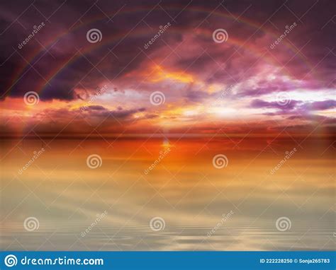 Rainbow Gold Orange Sunset Dramatic Cloudy Sky Lilac Pink Sea Water