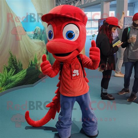 Personnage De Costume De Mascotte D Hippocampe Rouge Habill D Un Jean