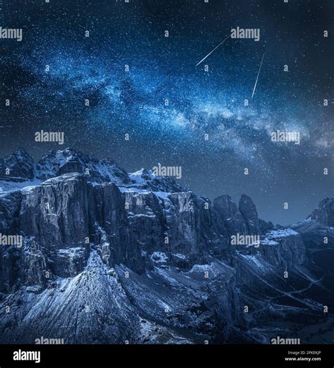 Milky Way Over Passo Gardena In Dolomites Dolomites At Night Stock