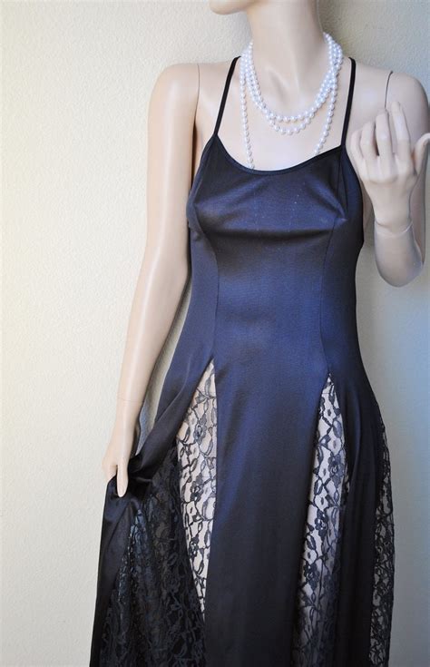 Vintage Black Lace Strip Long Nightgown By Vintagerosebudboutiq