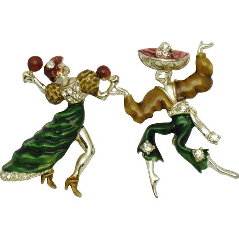 Reserved Vintage Gold Plated Enamel Rhinestone Figural Flamenco Dancers