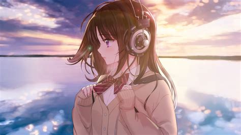 Download Anime Girl Original Headphone Sunset Outdoor Art Wallpaper 2048x1152 Dual Wide