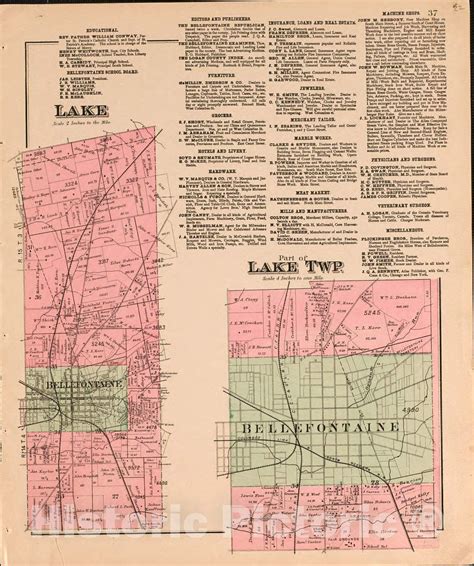 Historic 1890 Wall Map Atlas Of Logan County Ohio Lake