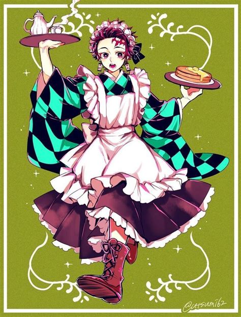 A Woman In An Apron And Dress Holding A Tray With Food On Top Of It