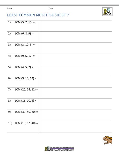 Least Common Multiple Three Numbers Worksheet