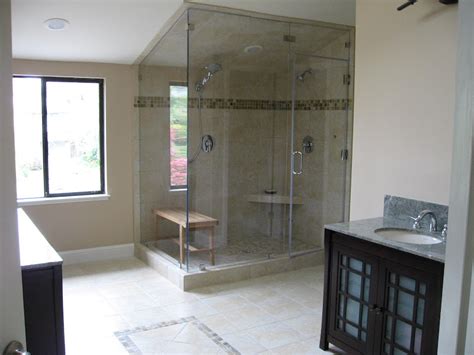 In steam showers, ceilings must be waterproofed, and are sloped to avoid condensation from dripping on occupants. Glass Shower Walls in Vaulted Ceiling Bathroom with Glass ...