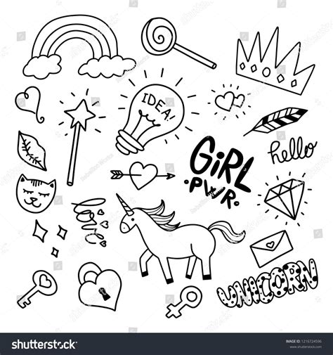 Set Of Girly Doodle Handdrawn Cute Cartoon Illustrationsdoodlegirly