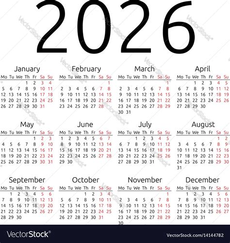 Simple Calendar 2026 Monday Royalty Free Vector Image