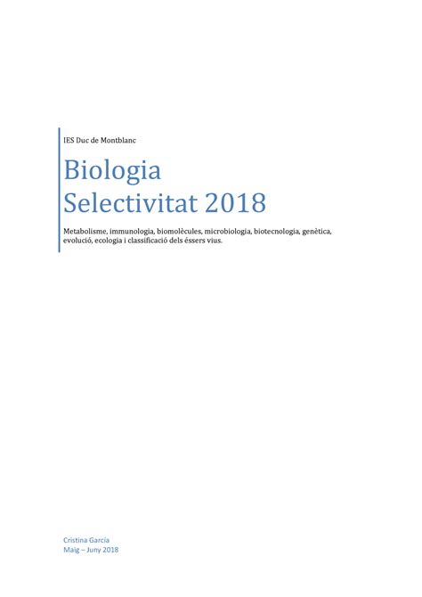Biologia Selectividad Ies Duc De Montblanc Biologia Selectivitat