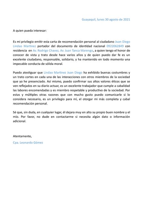 Carta Recomendacion Personal Guayaquil Lunes 30 Agosto De 2021 A