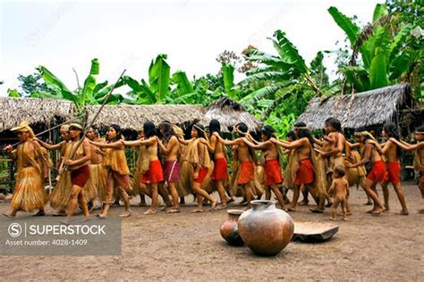 Iquitos Peru Amazon Jungle A Yagua Tribe Does A Cermonial Dance In