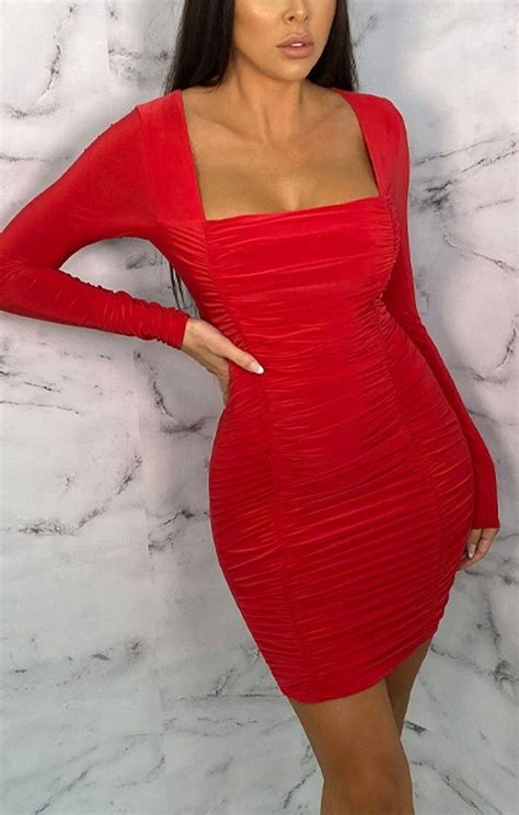 Red Square Neck Ruched Bodycon Mini Dress Dresses Femme Luxe Uk