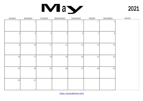 Free Monthly May Calendar With Notes 2021 Calendar Template Printable