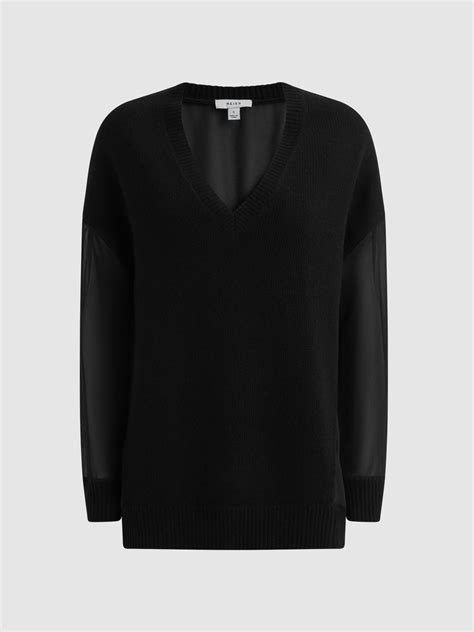 reiss shelly hybrid cashmere sheer v neck jumper reiss