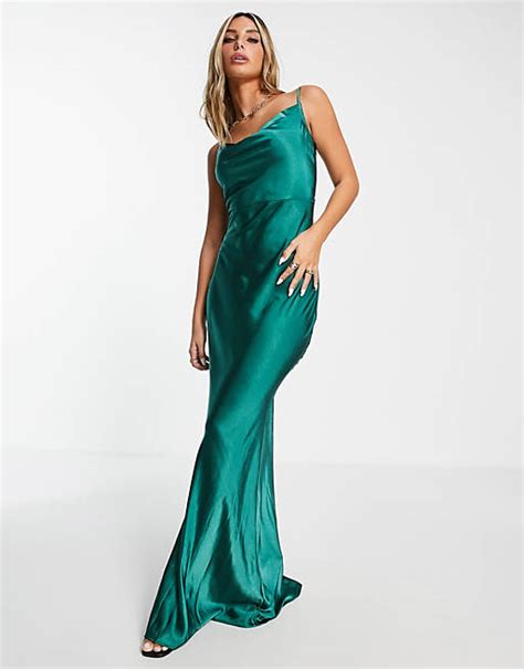 Pretty Lavish Keisha Cowl Front Satin Maxi Dress In Emerald Green Asos