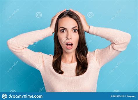 Portrait Of Astonished Anxious Girl Touch Hand Head Open Mouth Isolated