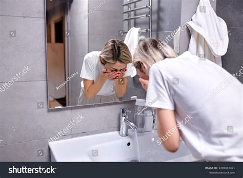 Pleasant Female Washing Face Water Wearing Stock Photo 2249043421