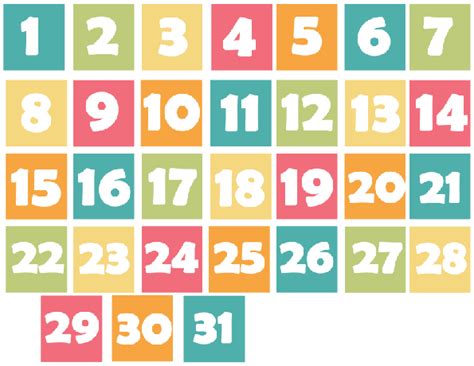 Free Printable Calendar Numbers 1 31 Pdf Printable Word Searches