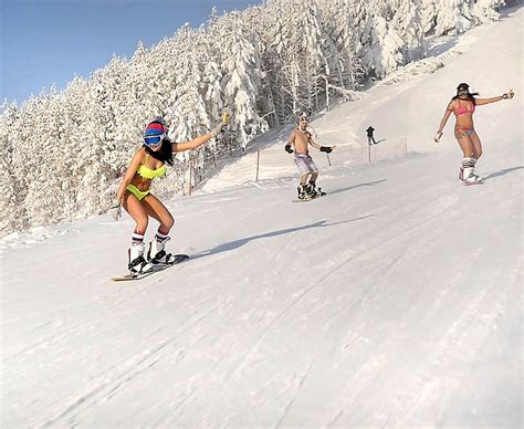 Bikini Snowboarding Braving The Freezing Temperatures Katy Khmelevskaya And Veronica Kalugina
