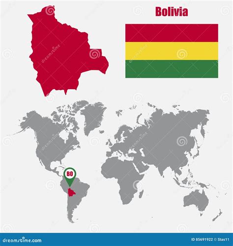 Bolivia Map On A World Map With Flag And Map Pointer Vector