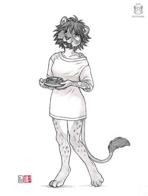 Furrybooru 2015 Bacon Bottomless Clothed Clothing Eating Feline Female Food Half Dressed Kacey