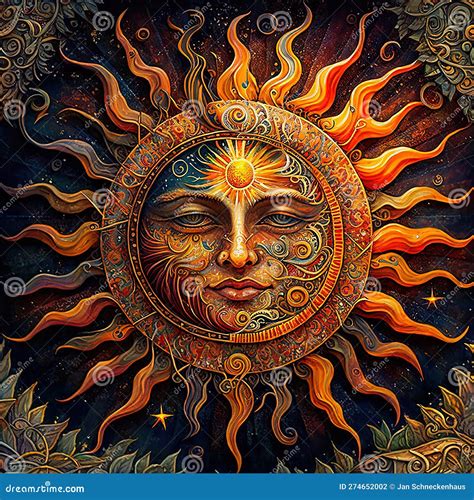 Elaborate Celestial Sun Visionary Artist Oil Love Stock Illustration