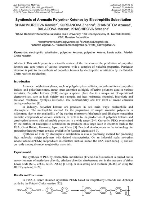 Synthesis Of Aromatic Polyether Ketones By Electrophilic Substitution Scientificnet