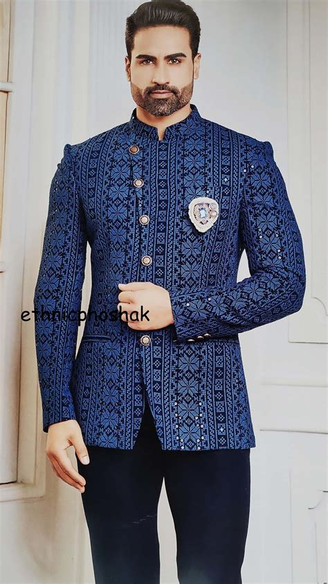 Buy Bespoke Navy Blue Jodhpuri Bandhgala Suit For Men Elegant Online In