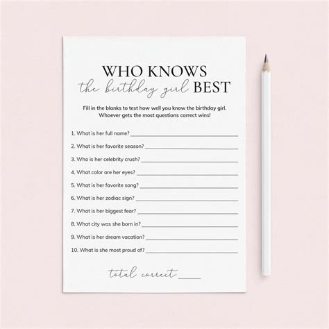 Printable Who Knows The Birthday Girl Best Quiz Instant Download Littlesizzle